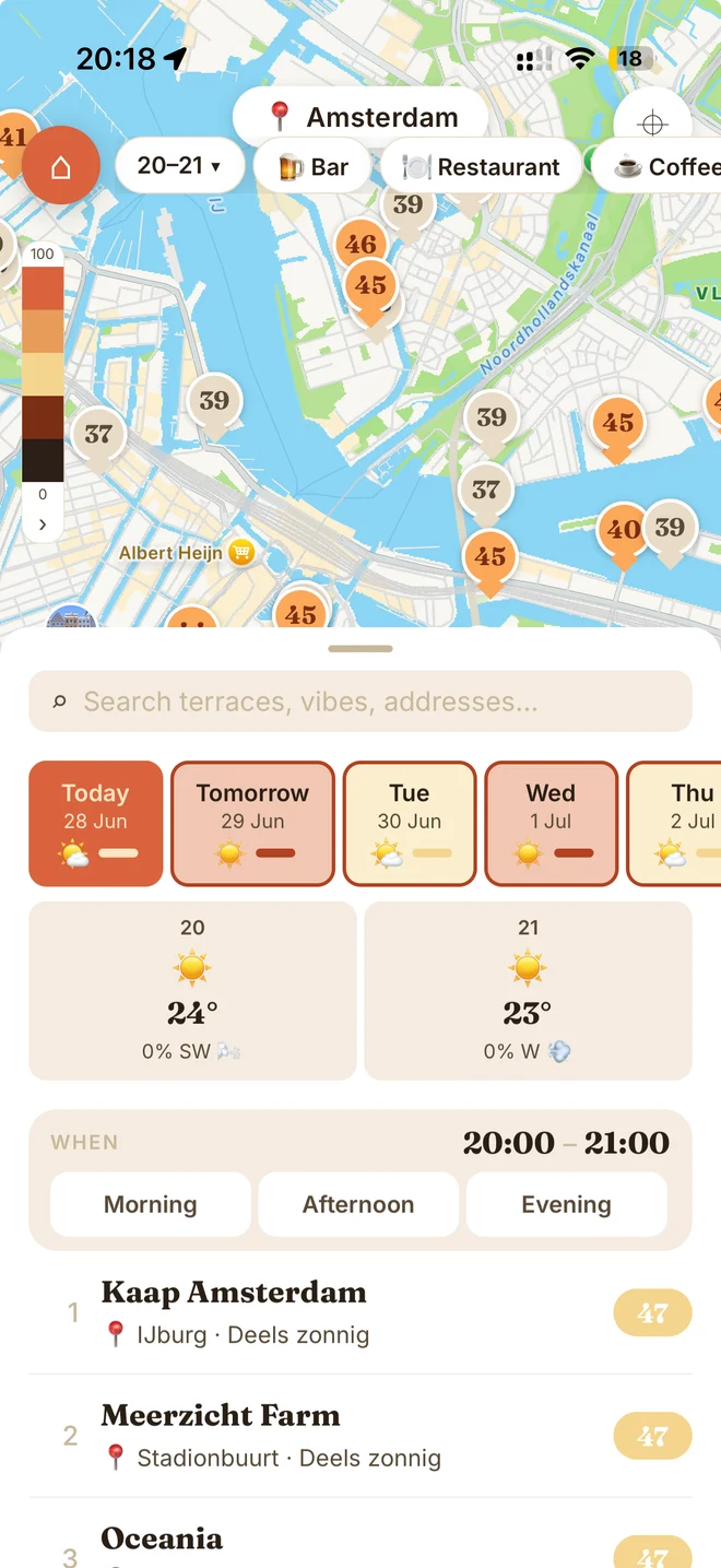 Zonnie live map of sun-scored terraces
